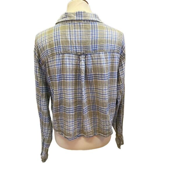 American Eagle Outfitters Blue/Green/White Plaid Long Sleeve Button Down Linen B - Picture 3 of 12